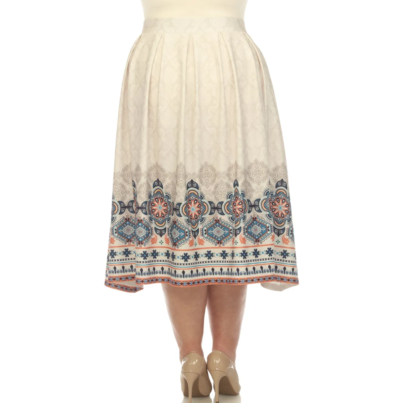 Beige Pleated Skirt with Border Prints - Plus