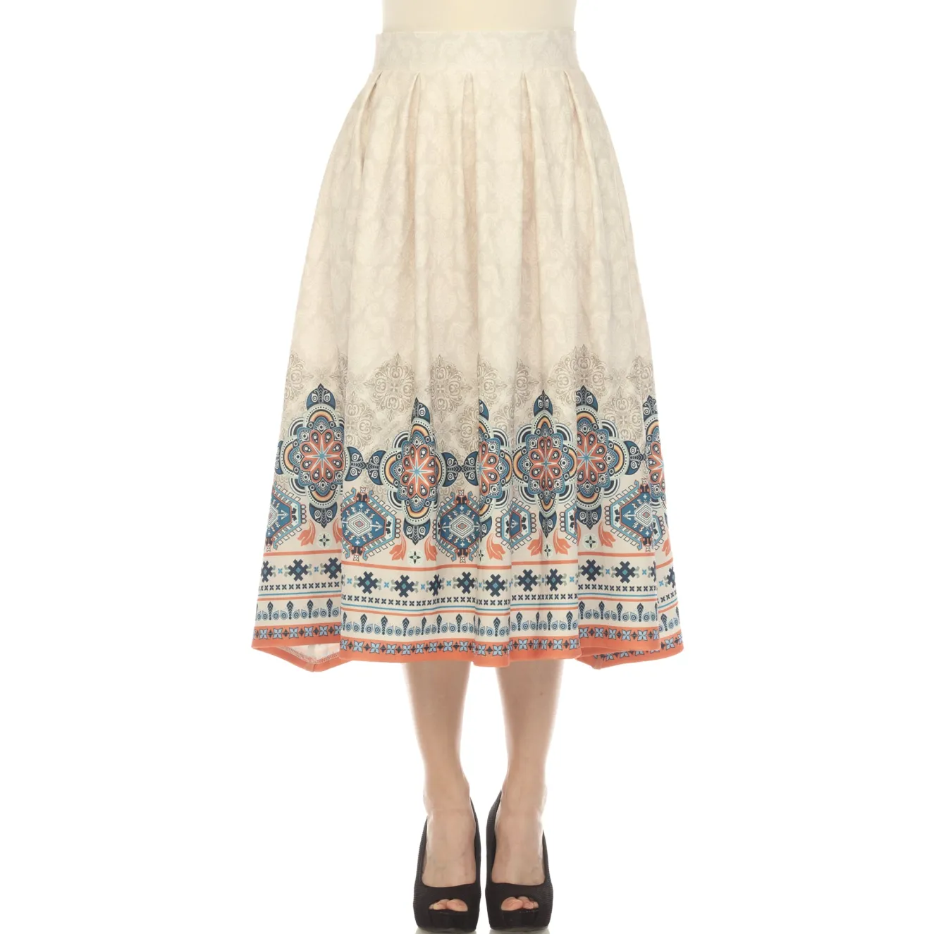 Beige Pleated Skirt with Border Prints