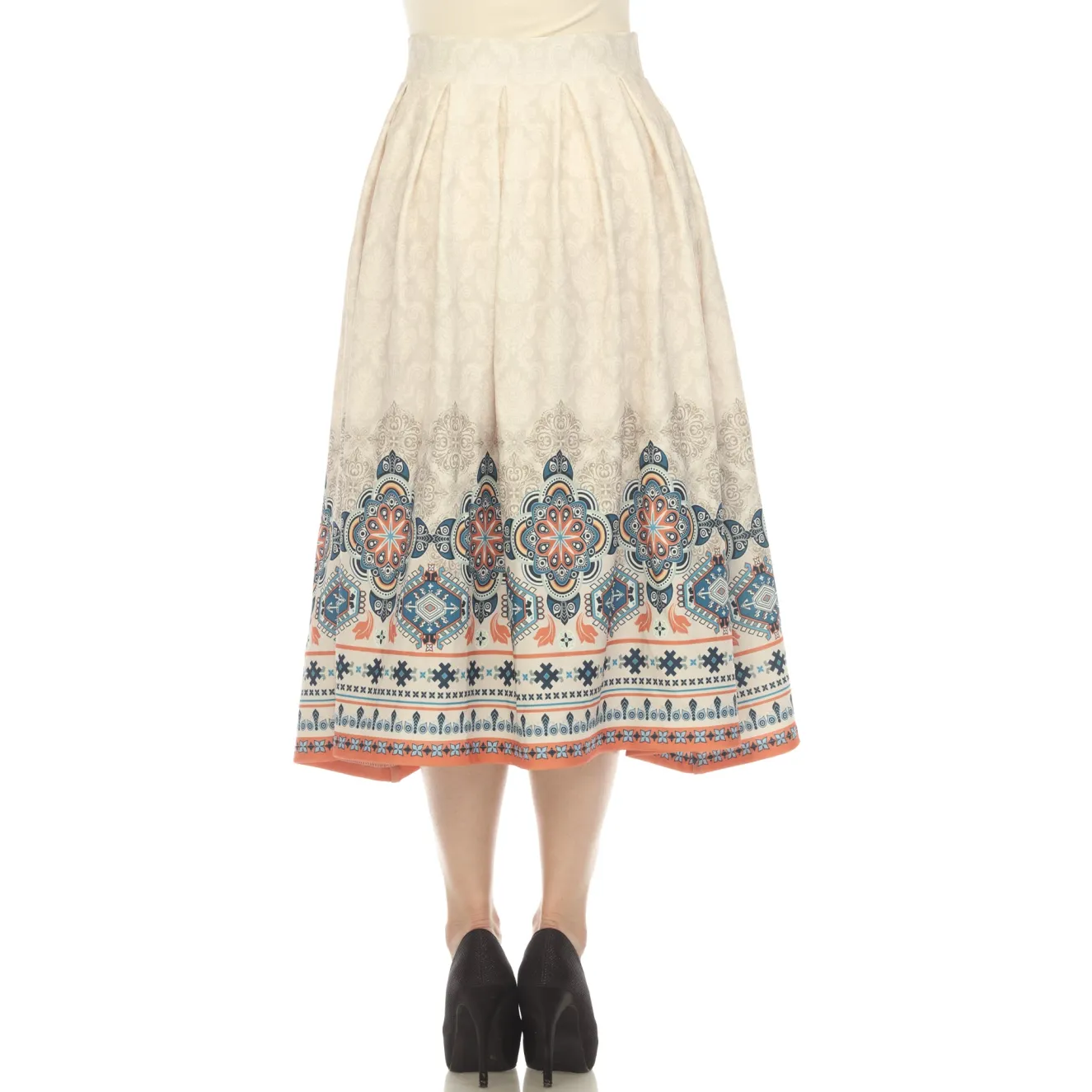 Beige Pleated Skirt with Border Prints