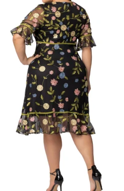 Black Blossom Print Wildflower Embroidered Dress - Plus