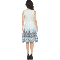 Blue Border Print Fit and Flare Knee Length Dress