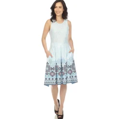 Blue Border Print Fit and Flare Knee Length Dress