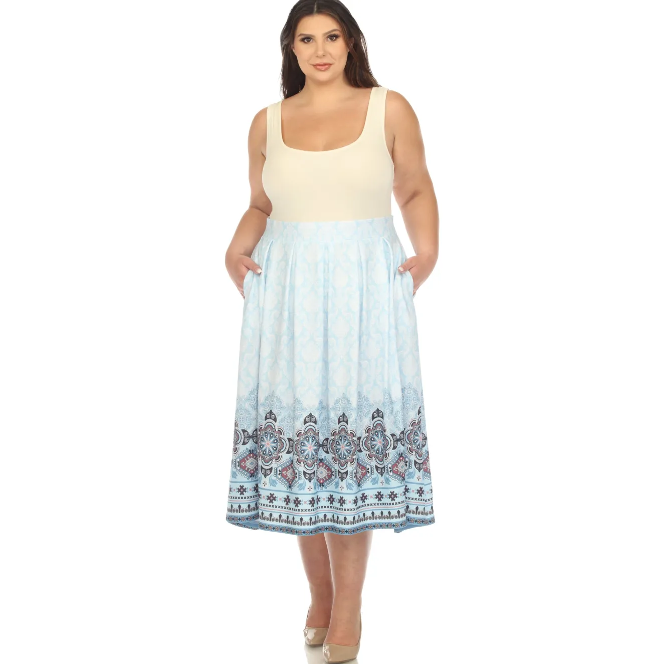Blue Pleated Skirt with Border Prints - Plus