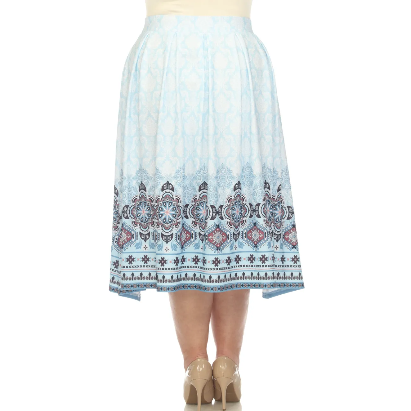 Blue Pleated Skirt with Border Prints - Plus