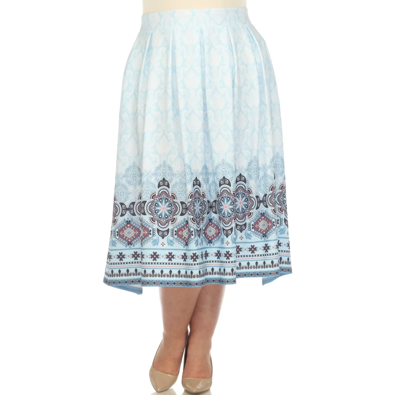 Blue Pleated Skirt with Border Prints - Plus