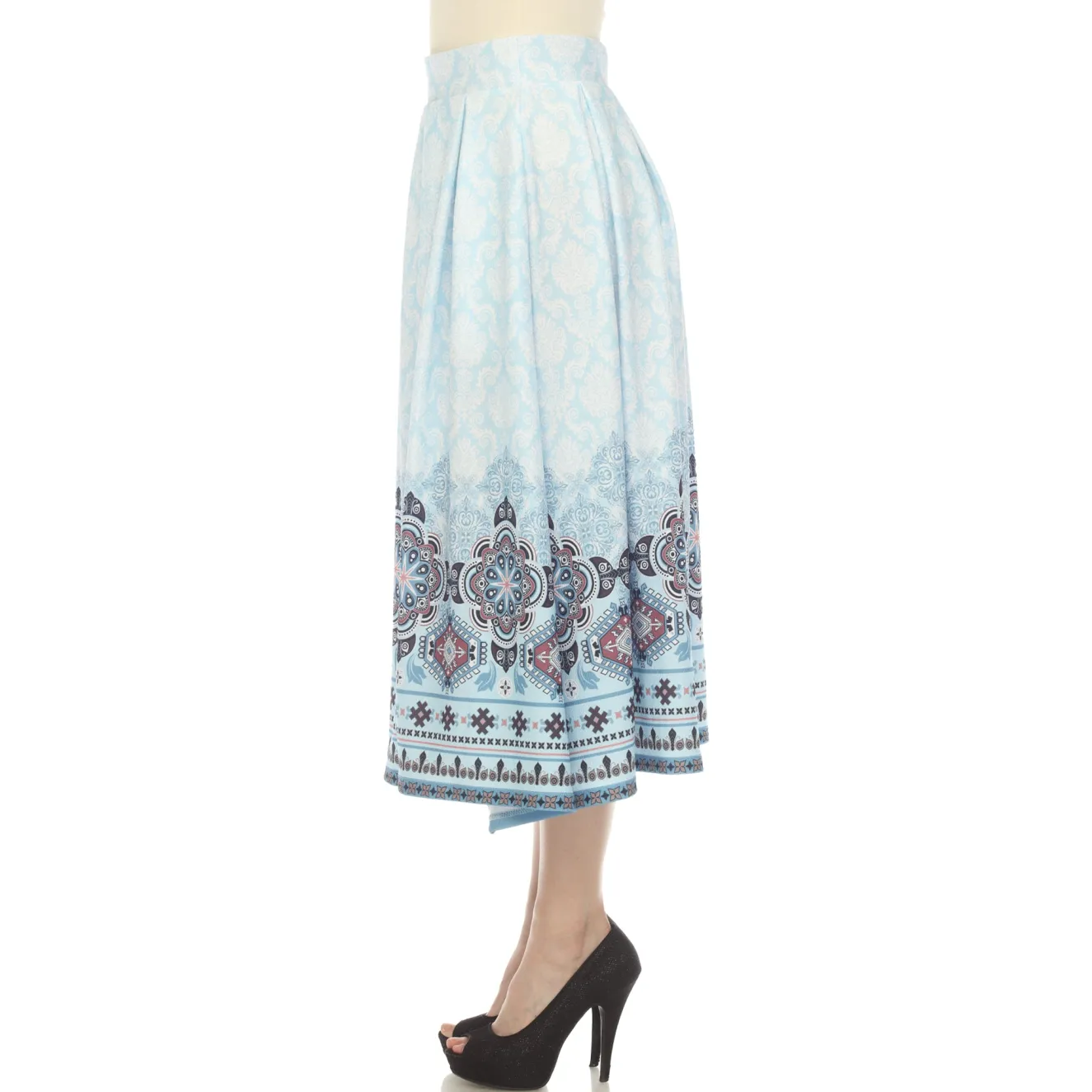 Blue Pleated Skirt with Border Prints