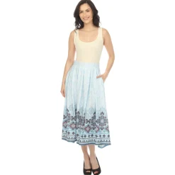 Blue Pleated Skirt with Border Prints