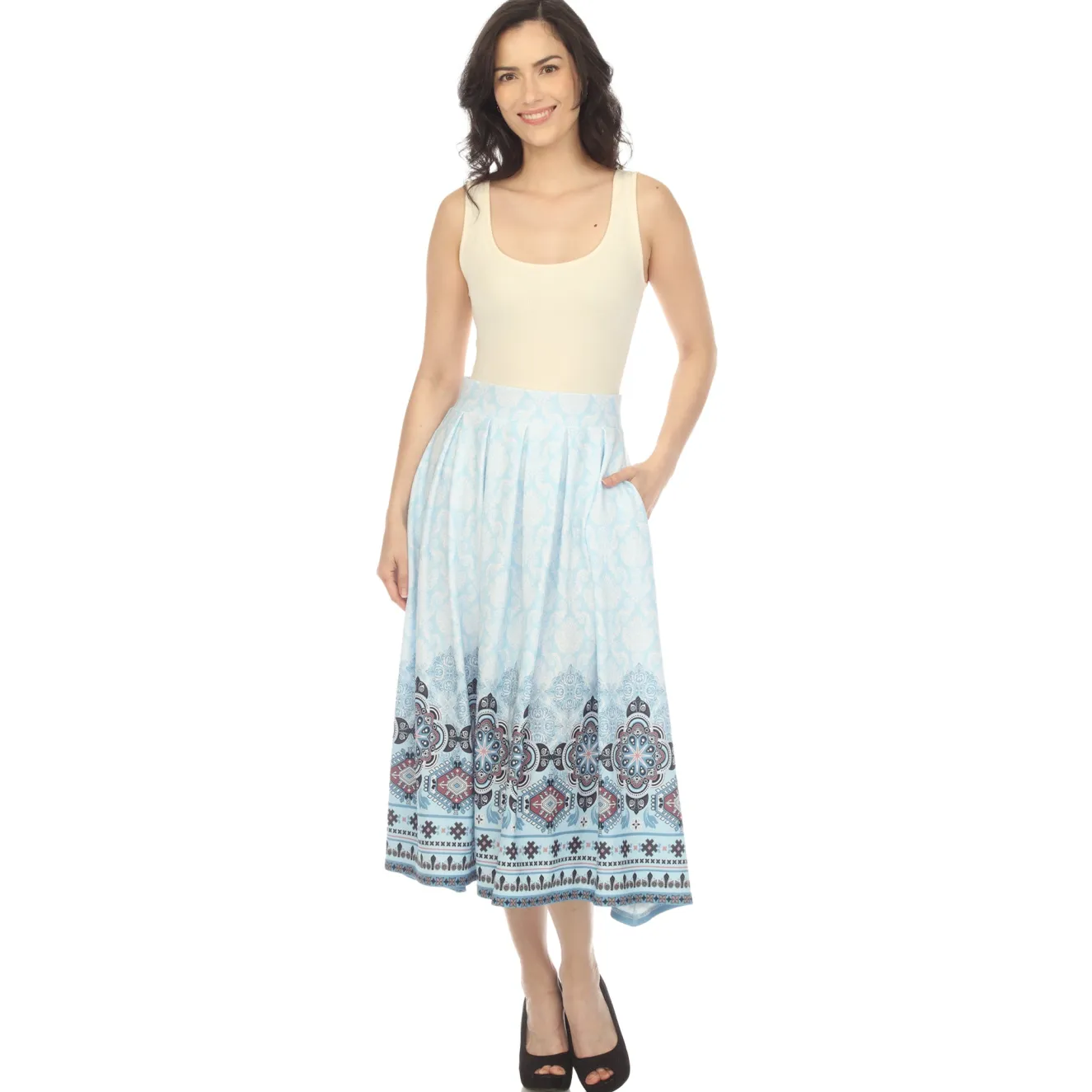 Blue Pleated Skirt with Border Prints