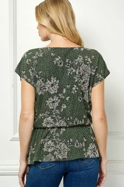 Boat Neck Peplum Blouse in Olive/Black/Tan