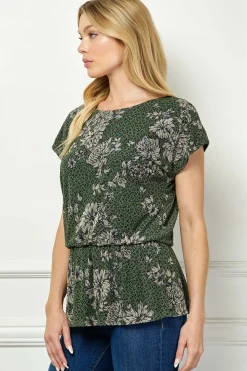 Boat Neck Peplum Blouse in Olive/Black/Tan
