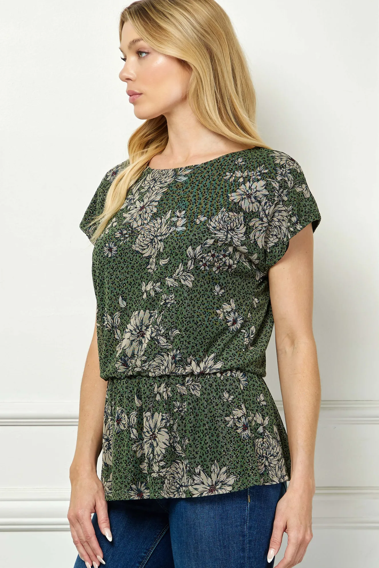 Boat Neck Peplum Blouse in Olive/Black/Tan