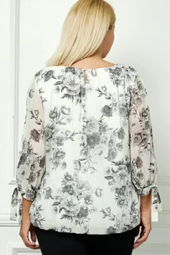 Bubble Hem 3/4 Tie Sleeve Blouse - Black/White - Plus