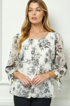 Bubble Hem 3/4 Tie Sleeve Blouse - Black/White