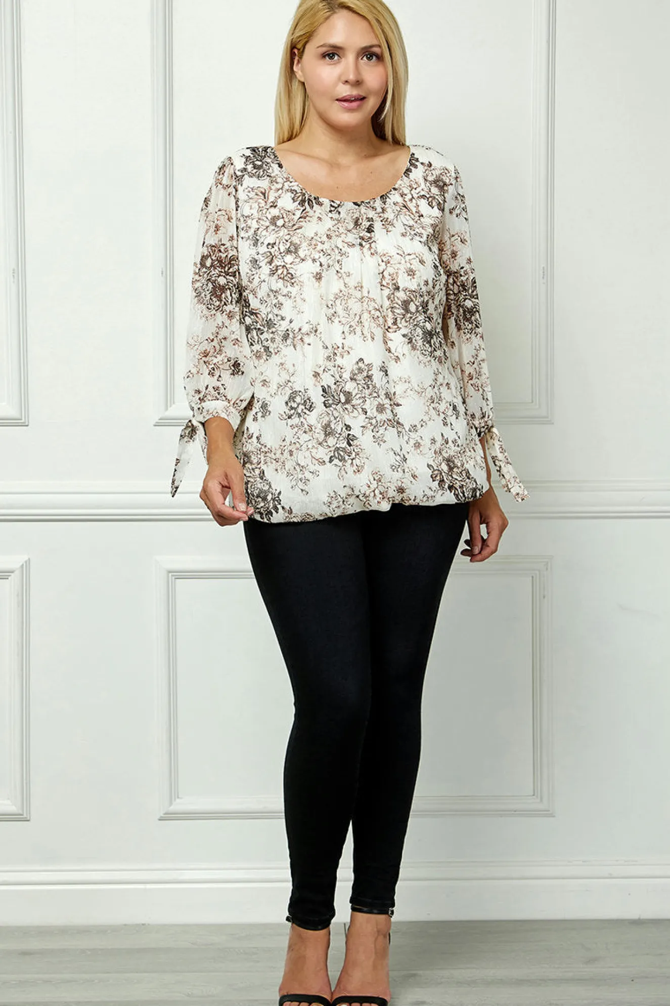 Bubble Hem 3/4 Tie Sleeve Blouse - Beige - Plus