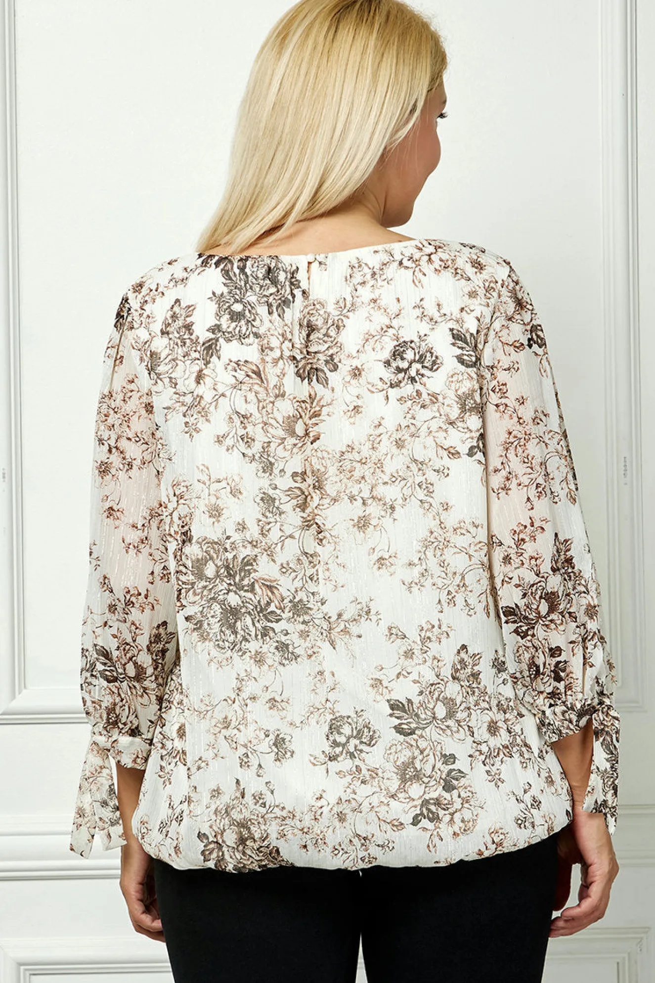 Bubble Hem 3/4 Tie Sleeve Blouse - Beige - Plus
