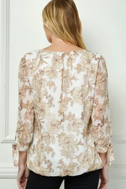 Bubble Hem 3/4 Tie Sleeve Blouse - Ivory/Tan