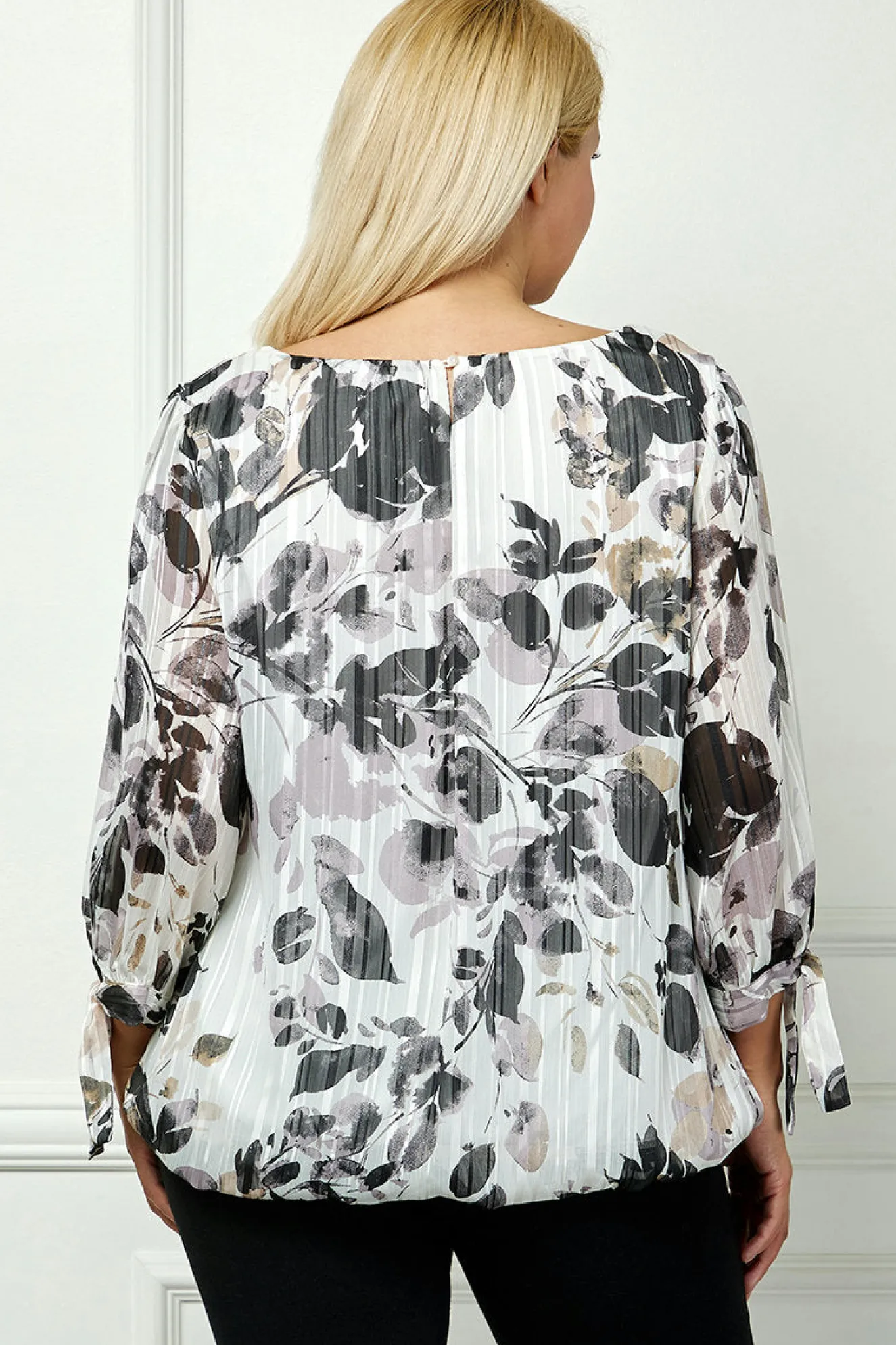 Bubble Hem 3/4 Tie Sleeve Blouse - Ivory - Plus