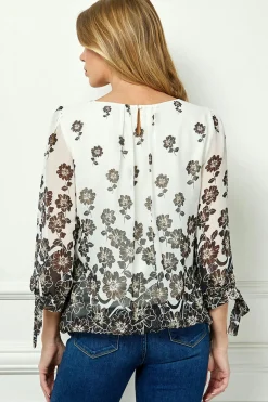 Bubble Hem 3/4 Tie Sleeve Blouse in Ivory