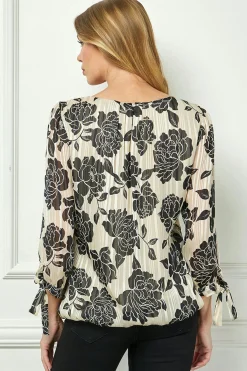 Bubble Hem 3/4 Tie Sleeve Blouse in Beige