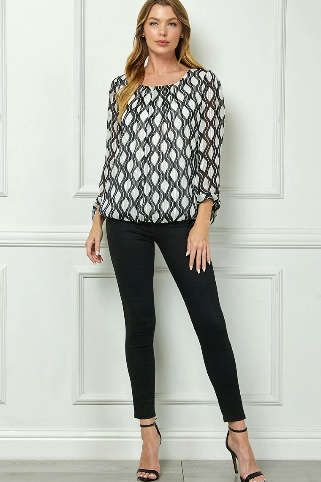 Bubble Hem 3/4 Tie Sleeve Blouse - White