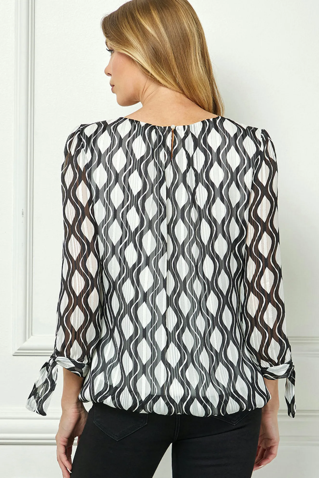 Bubble Hem 3/4 Tie Sleeve Blouse - White