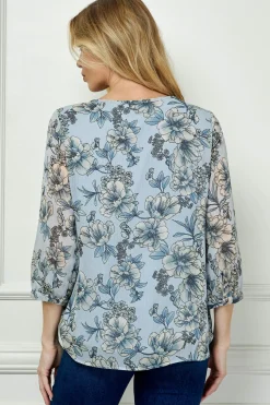 3/4 Button Cuff Sleeve Smock Shoulder Tie Neck Blouse in Blue - Floral