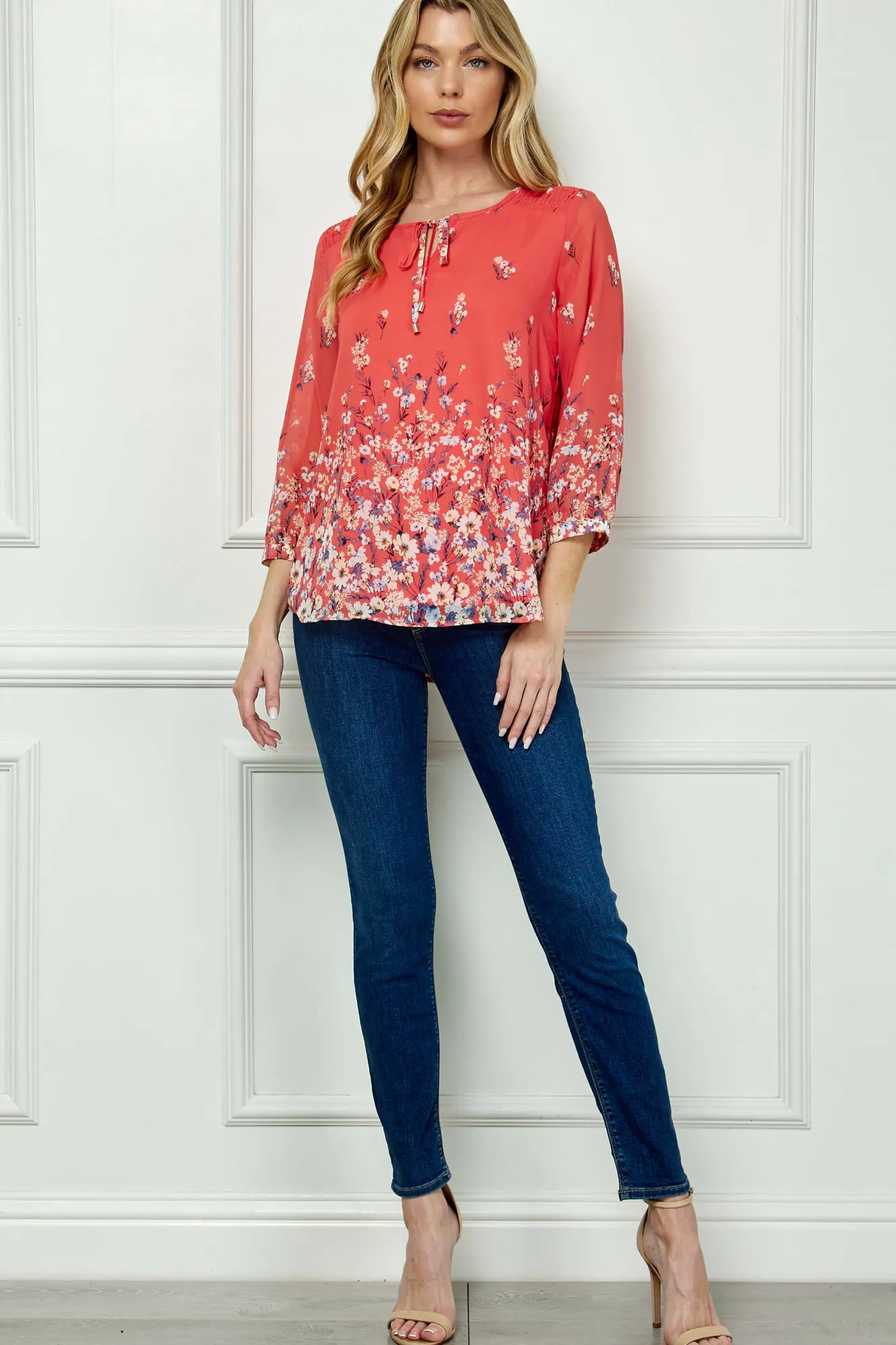 3/4 Button Cuff Sleeve Tie Neck Border Print Blouse in Coral
