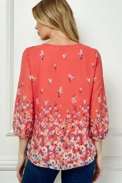 3/4 Button Cuff Sleeve Tie Neck Border Print Blouse in Coral