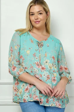3/4 Button Cuff Smock Shoulder Tie Neck Border Print Blouse in Seafoam Petals - Plus