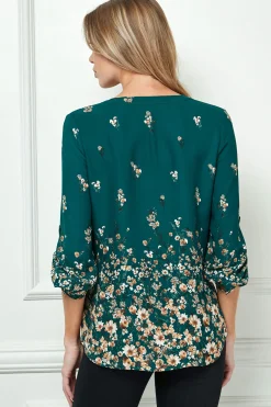 3/4 Button Tab Sleeve Big Button V-Neck Border Print Popover Blouse in Hunter Green