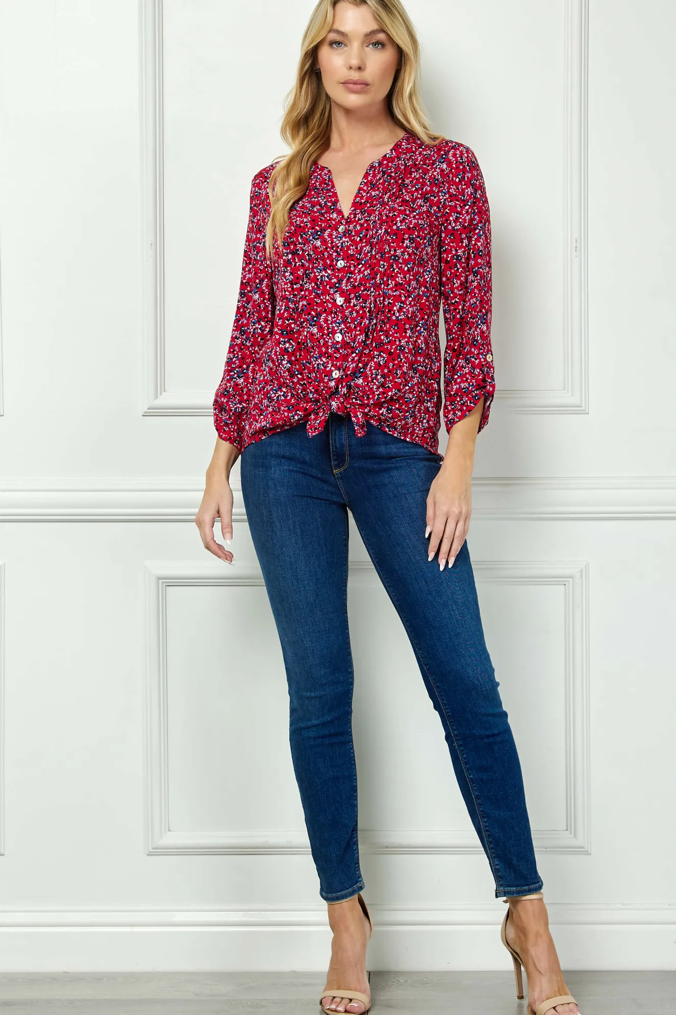 3/4 Button Tab Sleeve Pintuck Tie Front Blouse in Red