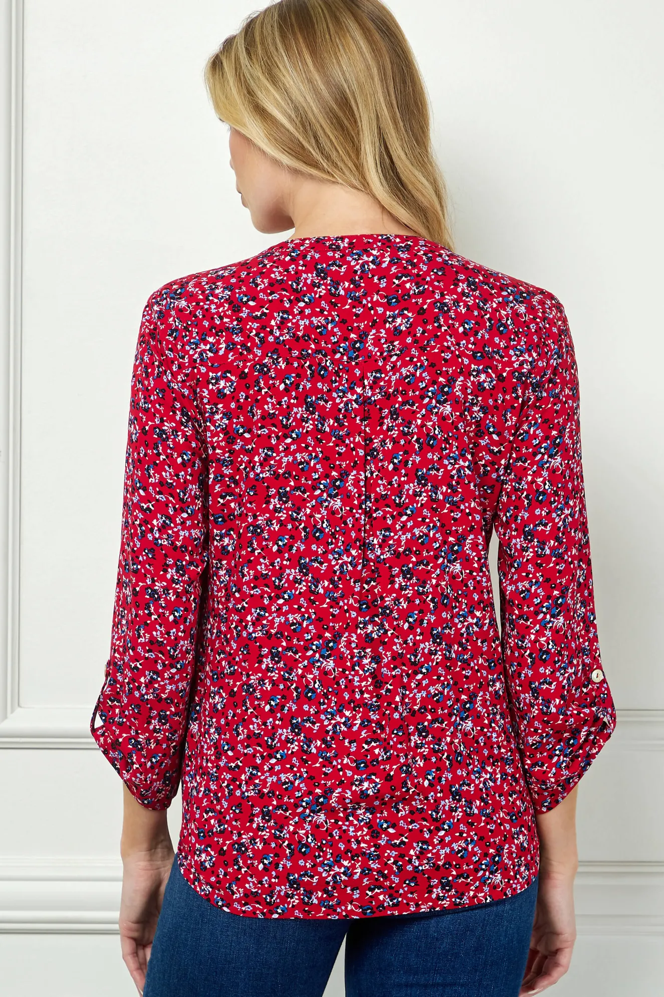 3/4 Button Tab Sleeve Pintuck Tie Front Blouse in Red