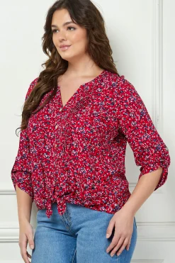 3/4 Button Tab Sleeve Pintuck Tie Front Blouse in Red - Plus