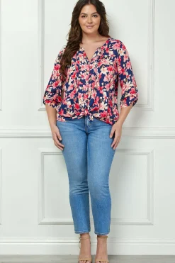 3/4 Button Tab Sleeve Pintuck Tie Front Blouse in Navy/Coral - Plus