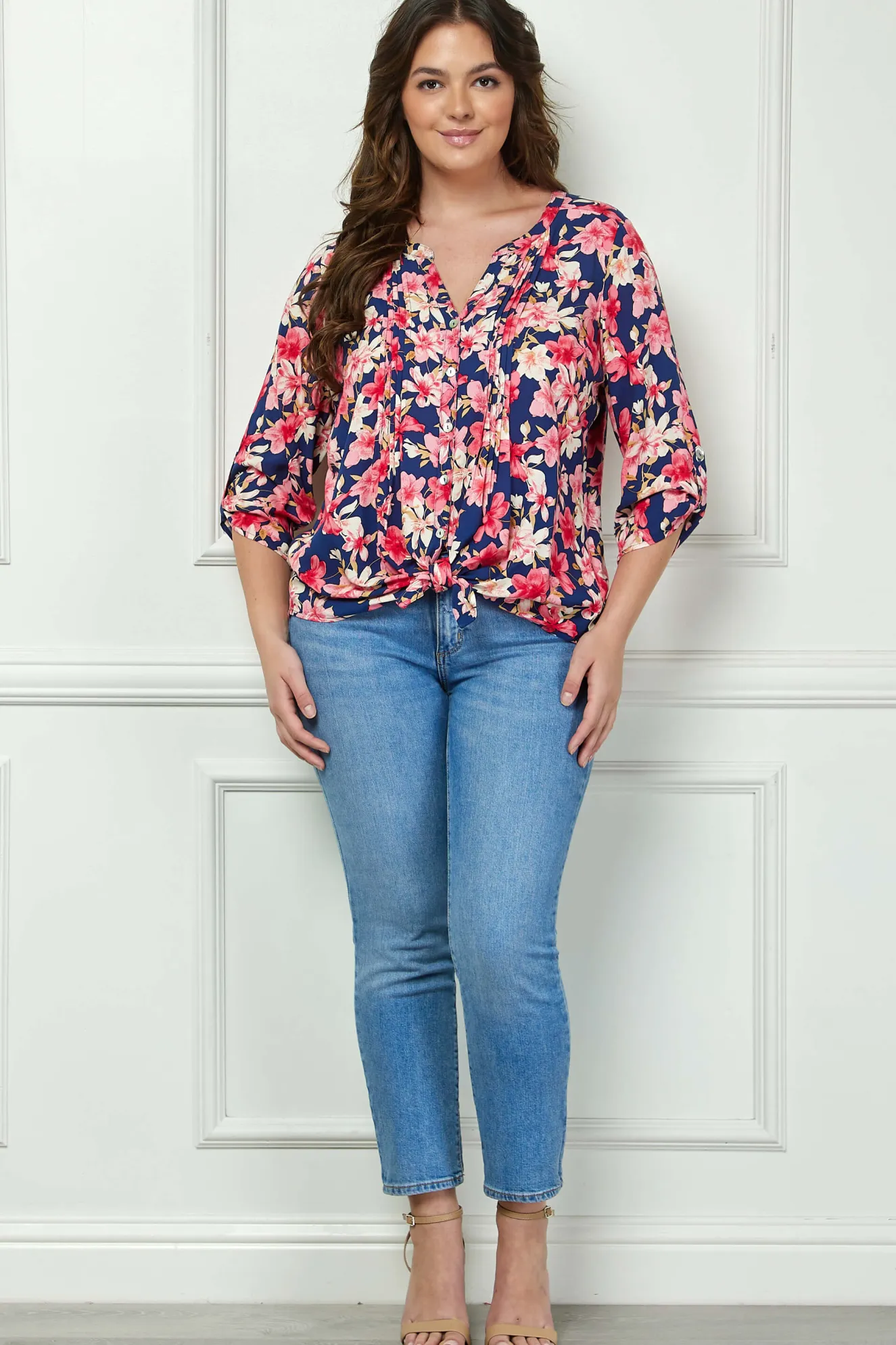 3/4 Button Tab Sleeve Pintuck Tie Front Blouse in Navy/Coral - Plus