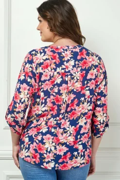 3/4 Button Tab Sleeve Pintuck Tie Front Blouse in Navy/Coral - Plus