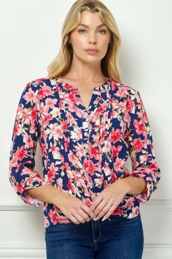 3/4 Button Tab Sleeve Pintuck Tie Front Blouse in Navy/Coral