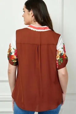 Button Tab Sleeve Tie-Front Print Blouse in Brown/Ivory/Red - Plus