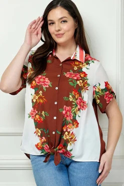 Button Tab Sleeve Tie-Front Print Blouse in Brown/Ivory/Red - Plus