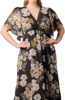 Carmella Flutter Sleeve Gown-Midnight Peony Print -Plus