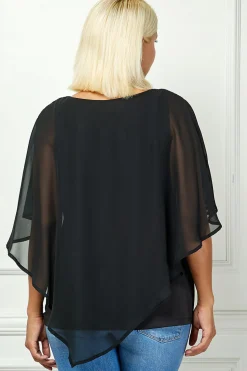 Cold Shoulder Tie Sleeve Poncho with V-neck Tank Blouse - Black - Plus