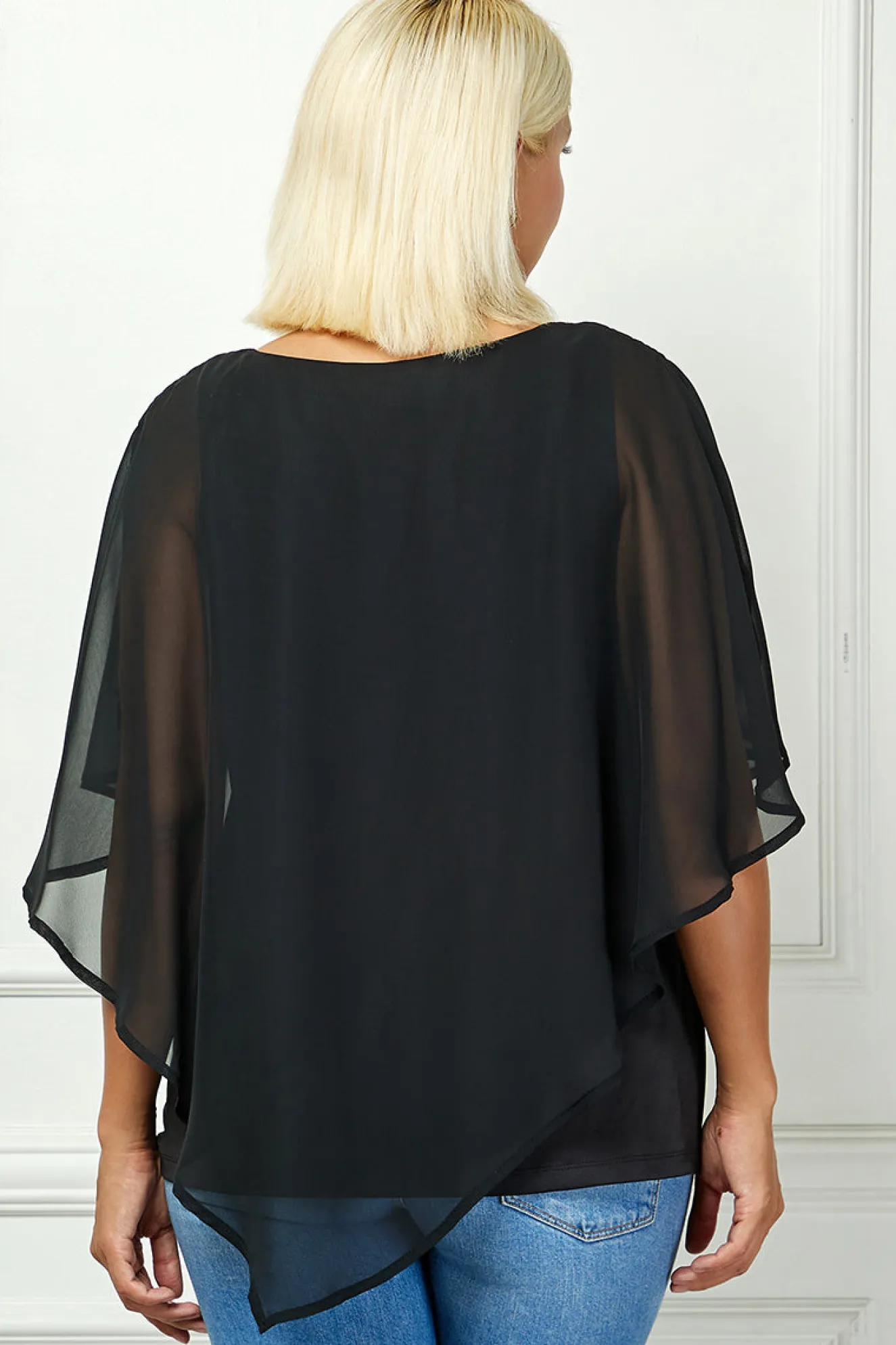 Cold Shoulder Tie Sleeve Poncho with V-neck Tank Blouse - Black - Plus