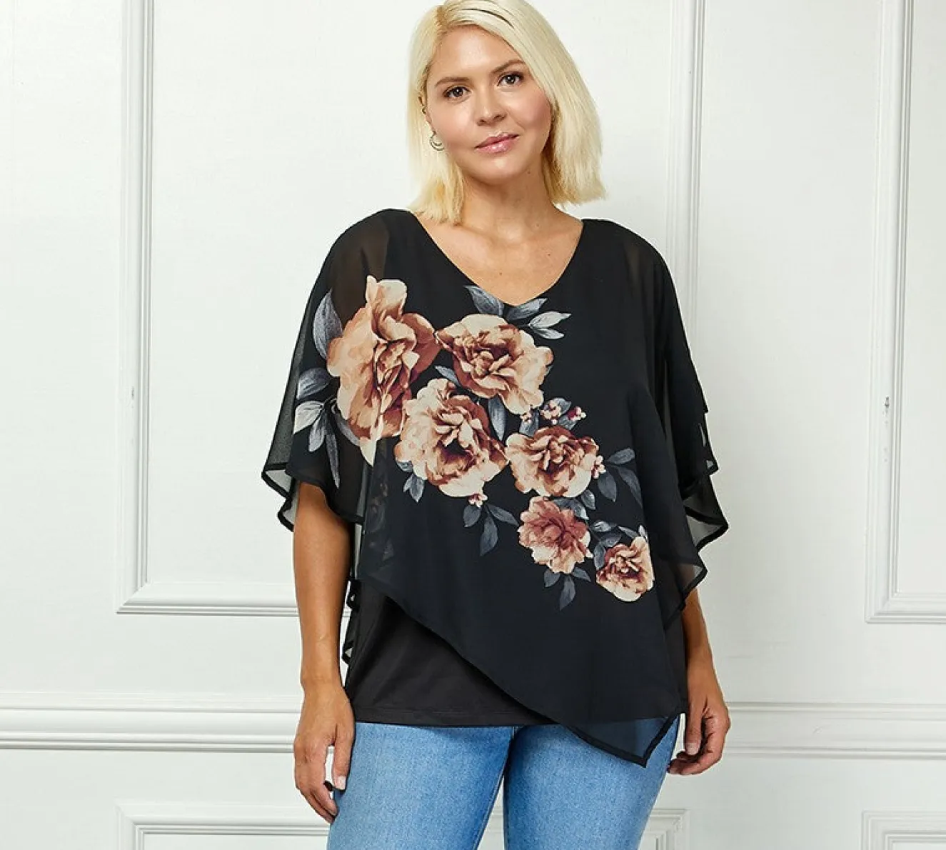 Cold Shoulder Tie Sleeve Poncho with V-neck Tank Blouse - Black - Plus