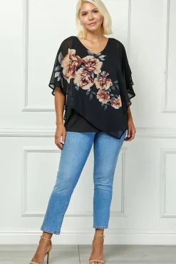 Cold Shoulder Tie Sleeve Poncho with V-neck Tank Blouse - Black - Plus