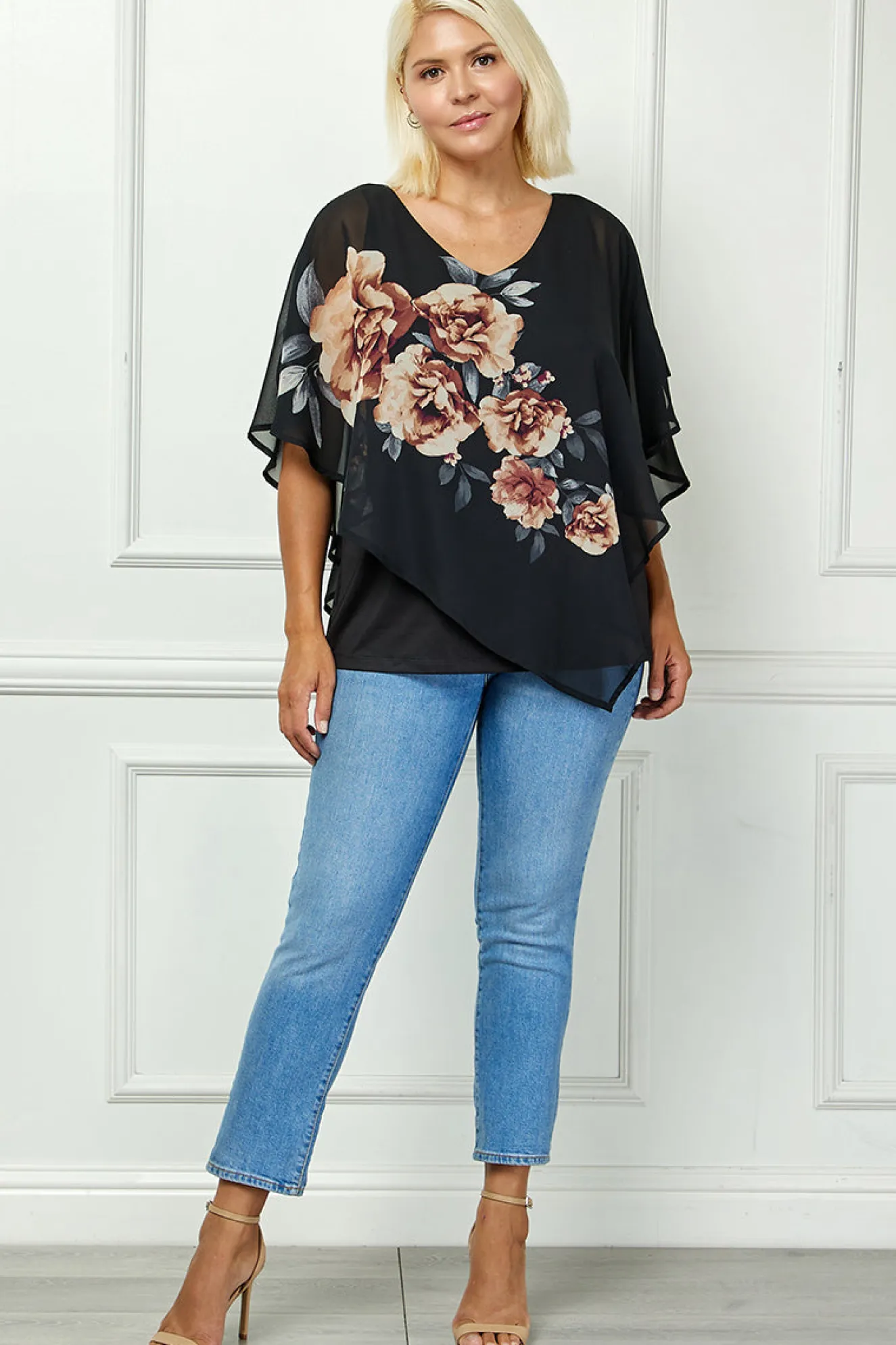 Cold Shoulder Tie Sleeve Poncho with V-neck Tank Blouse - Black - Plus