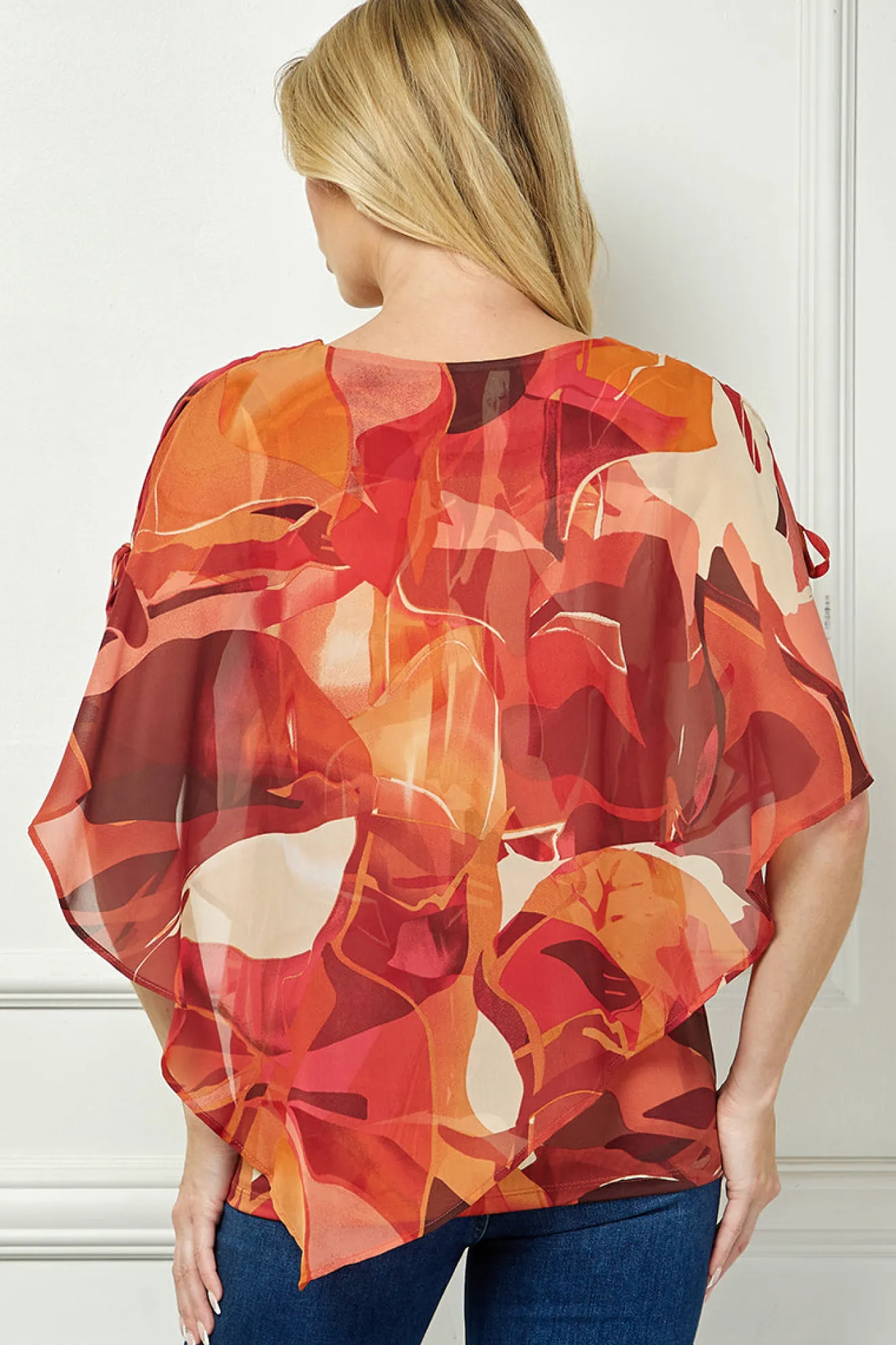 Cold Shoulder V-Neck Hanky Hem Poncho Top in Ivory/Marigold/Orange