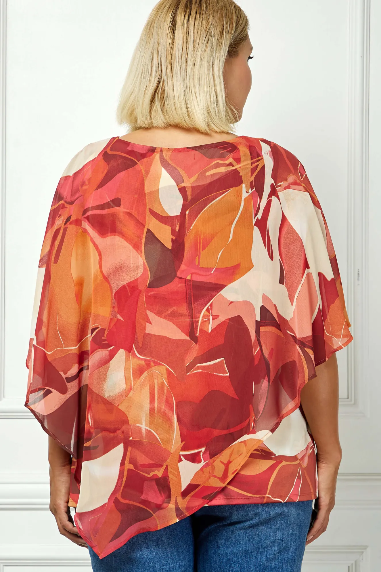 Cold Shoulder V-Neck Hanky Hem Poncho Top in Ivory/Marigold/Orange - Plus