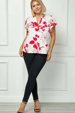Double Flutter Sleeve Mandarin Collar V-Neck Blouse in Red/Cream - Plus