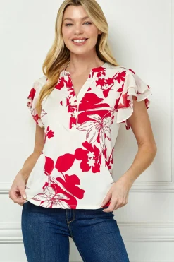 Double Flutter Sleeve Mandarin Collar V-Neck Blouse in Red/Cream