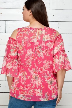 3/4 Double Ruffle Cold Shoulder Lace Inset Blouse in Pink - Plus